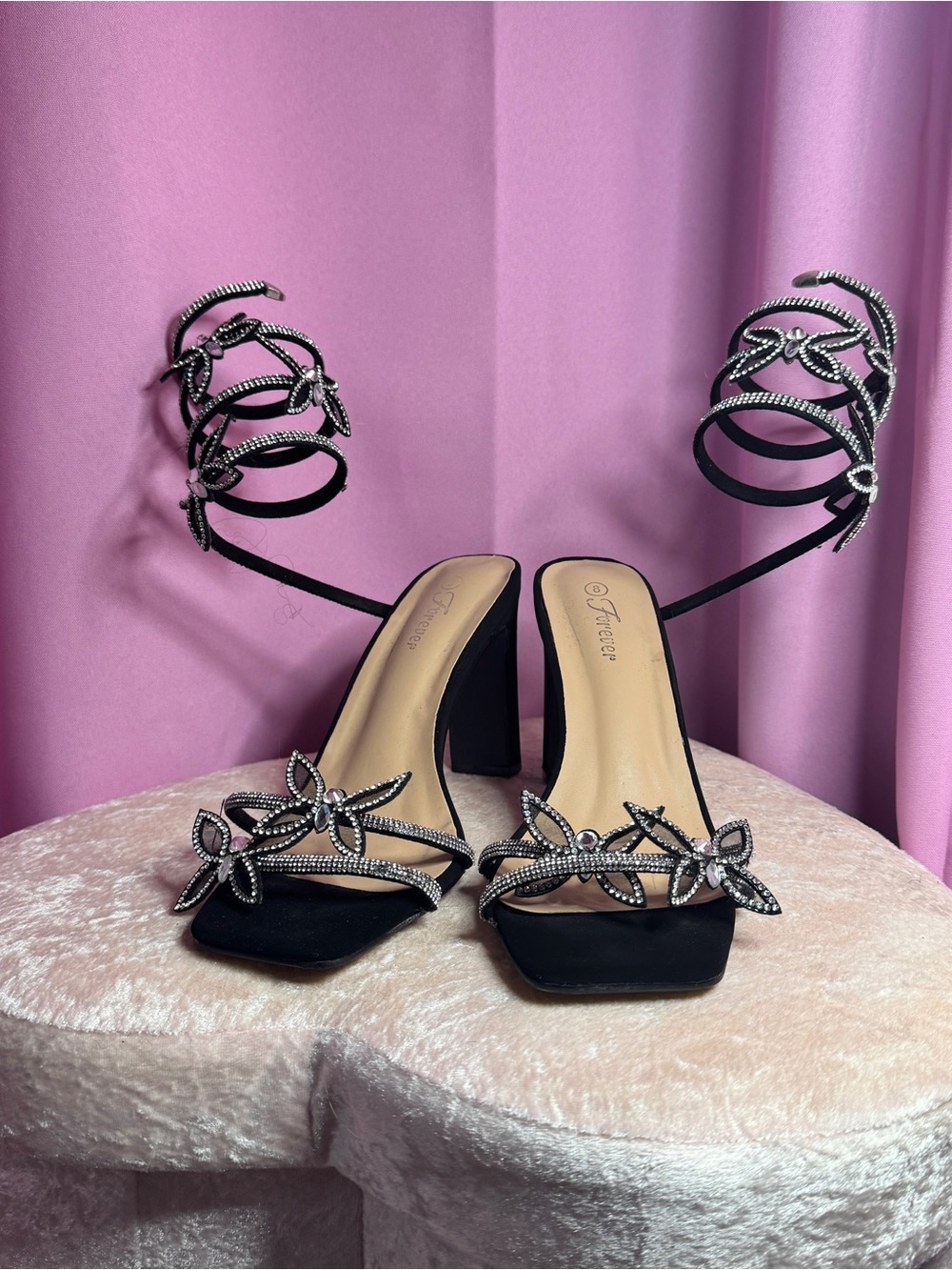 Black Rhinestone Butterfly Wrap Heels 🖤